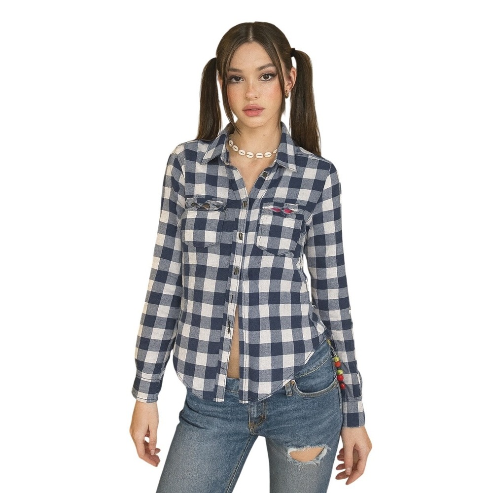 Hollister Y2K California Blue White Plaid Long Sleeve Flannel Shirt Womens XS‎